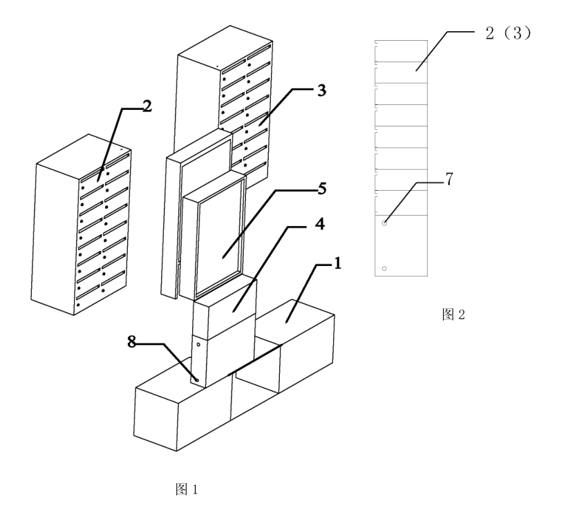 圖1為本申請實(shí)施例提供的一種多功能信報(bào)箱的分解結(jié)構(gòu)示意圖；  圖2為本申請實(shí)施例第一信報(bào)箱或第二信報(bào)箱的側(cè)面結(jié)構(gòu)示意圖